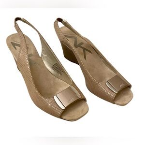 Anne Klein Sport Patrece Taupe Gold Snakeskin Chic Slingback Wedge Sandals 8